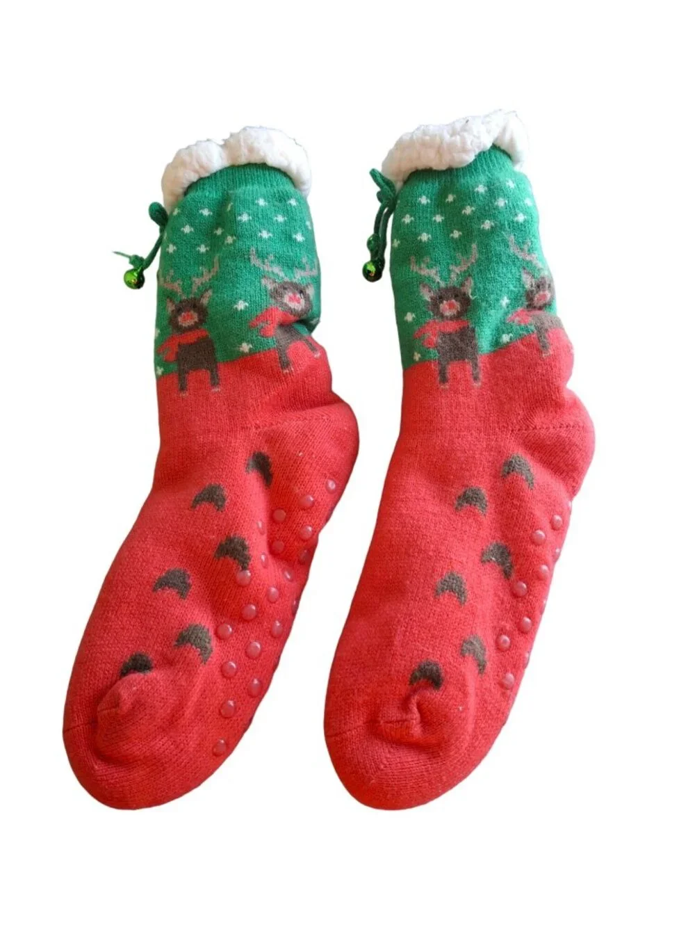 Cozy Christmas Reindeer Slipper Socks Non Slip Jingle Bell Sherpa Holiday Warm